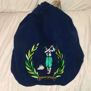 Vintage Navy Blue Drawstring Golf Ball Bag With Embroidered Logo